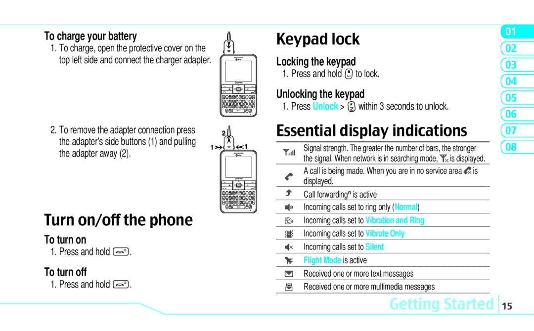 Pantech C530 manual Turn on/off the phone, Keypad lock, Essential display indications 