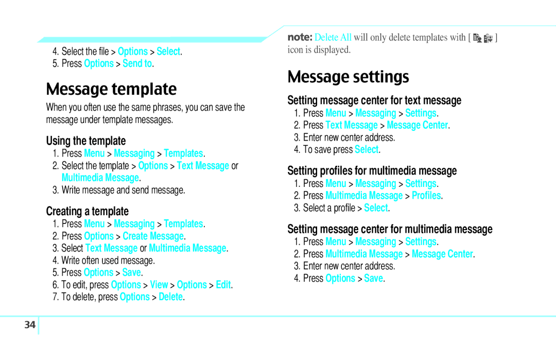 Pantech C530 manual Message template, Message settings 