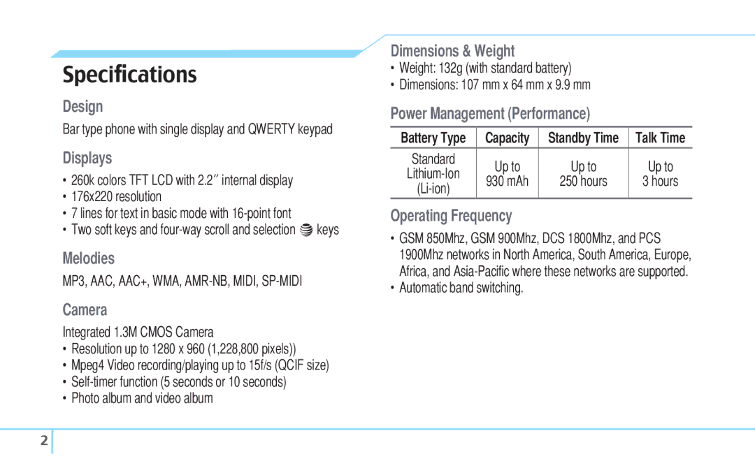 Pantech C530 manual Speciﬁcations 