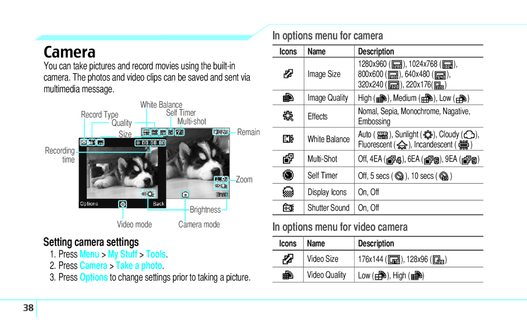 Pantech C530 manual Camera, Setting camera settings, Options menu for camera, Options menu for video camera 