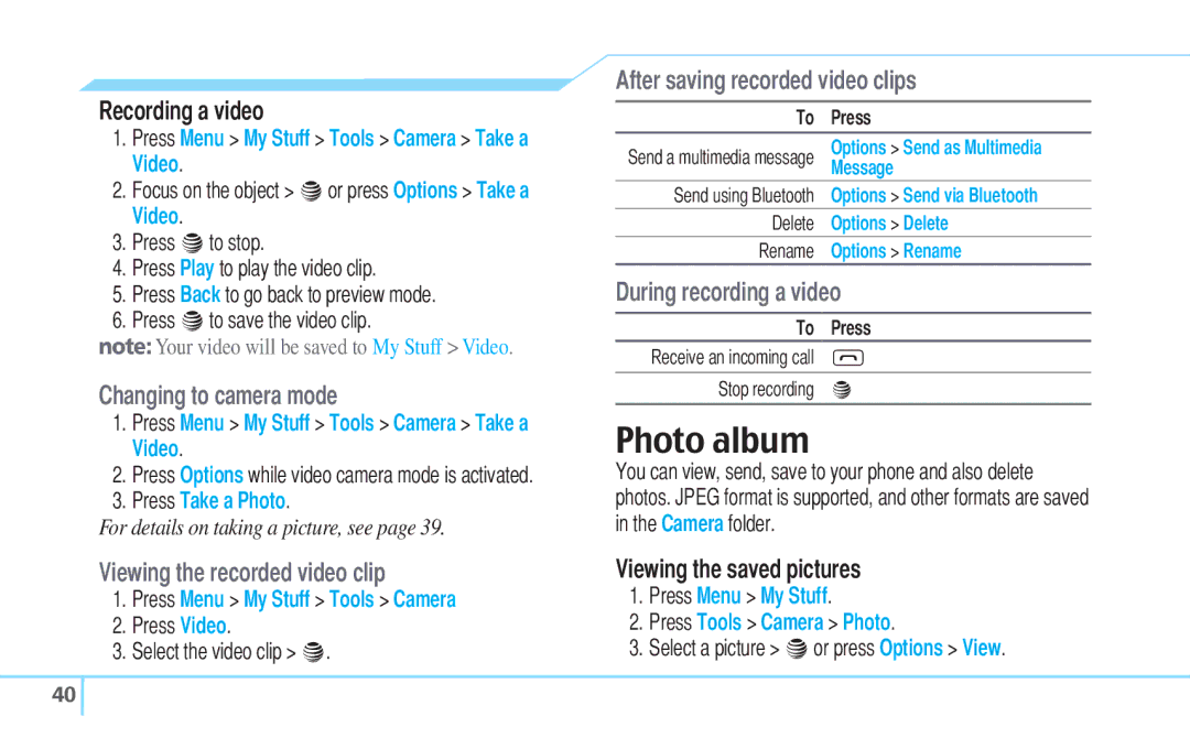 Pantech C530 Photo album, Changing to camera mode, Viewing the recorded video clip, After saving recorded video clips 