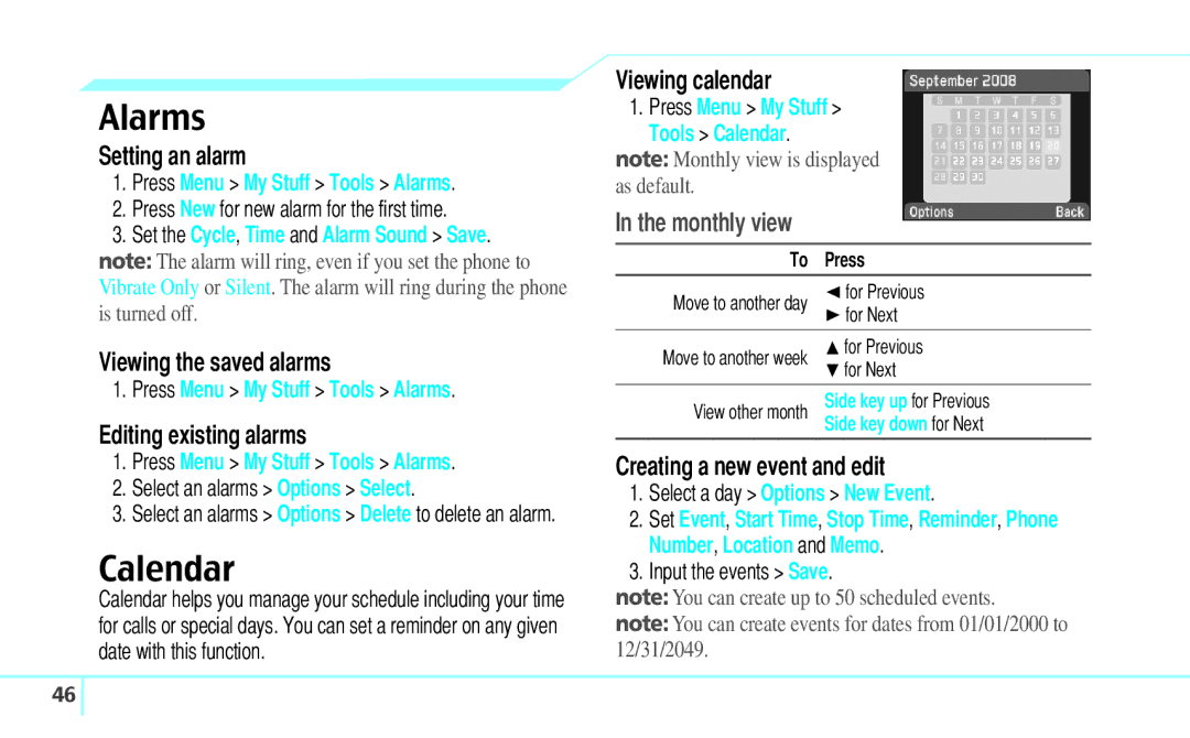 Pantech C530 manual Alarms, Calendar, Monthly view 