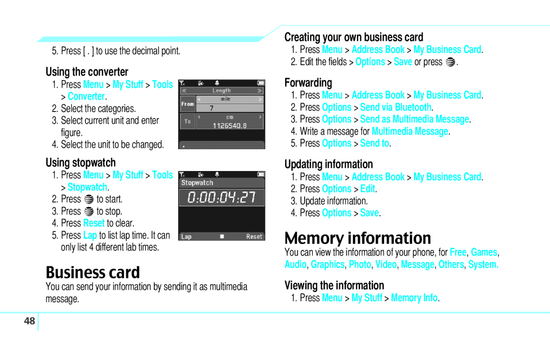 Pantech C530 manual Business card, Memory information 