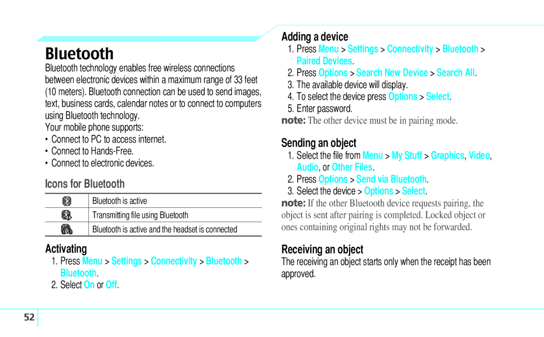 Pantech C530 manual Icons for Bluetooth 