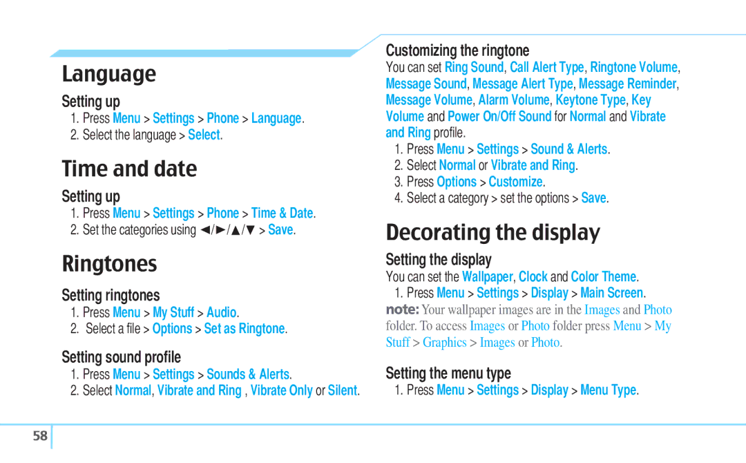 Pantech C530 manual Language, Time and date, Ringtones, Decorating the display 