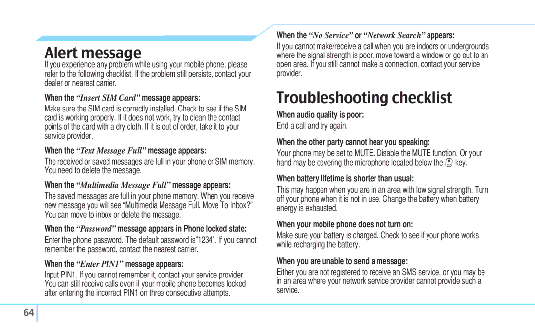 Pantech C530 manual Alert message, Troubleshooting checklist 