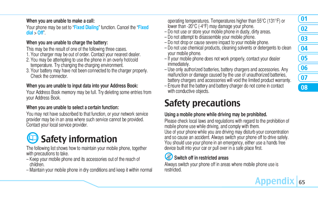 Pantech C530 manual Safety information, Safety precautions 