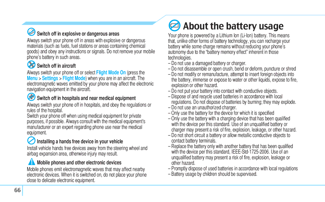 Pantech C530 manual About the battery usage, Switch off in explosive or dangerous areas, Switch off in aircraft 