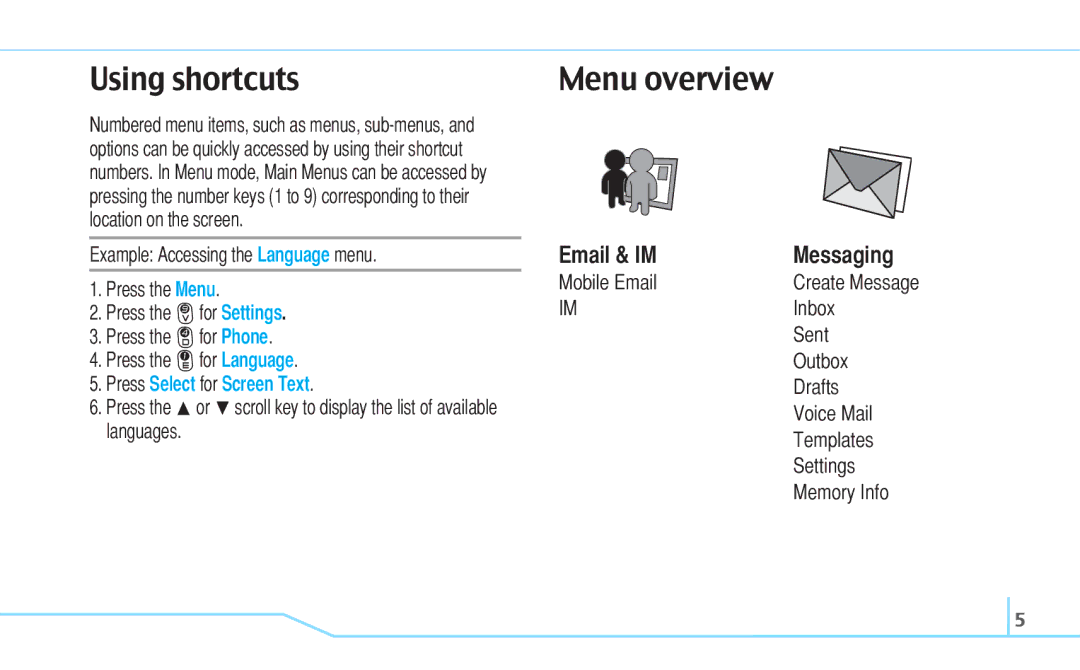 Pantech C530 manual Using shortcuts, Menu overview, Email & IM Messaging, Press Select for Screen Text 