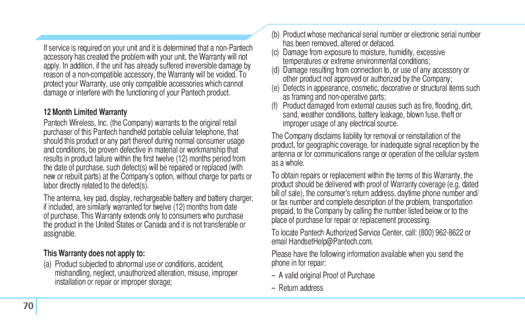 Pantech C530 manual Month Limited Warranty, This Warranty does not apply to 