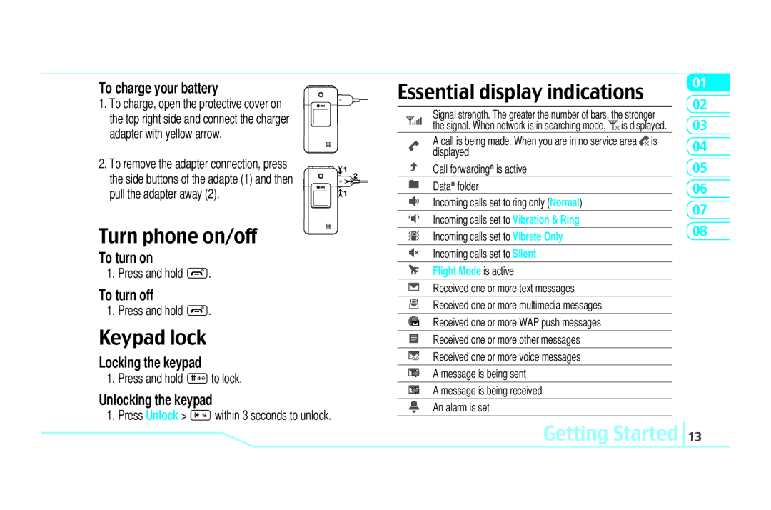 Pantech C610 manual Turn phone on/off, Keypad lock, Essential display indications 