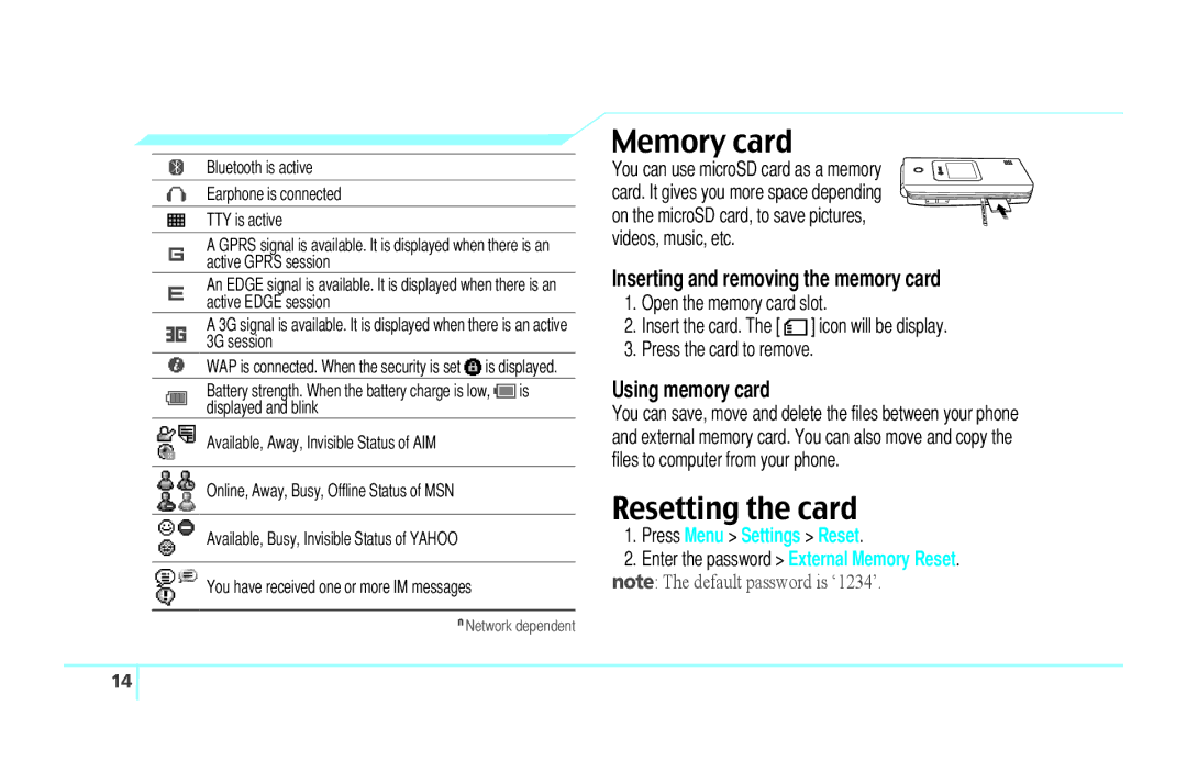 Pantech C610 manual Memory card, Resetting the card, Inserting and removing the memory card, Using memory card 