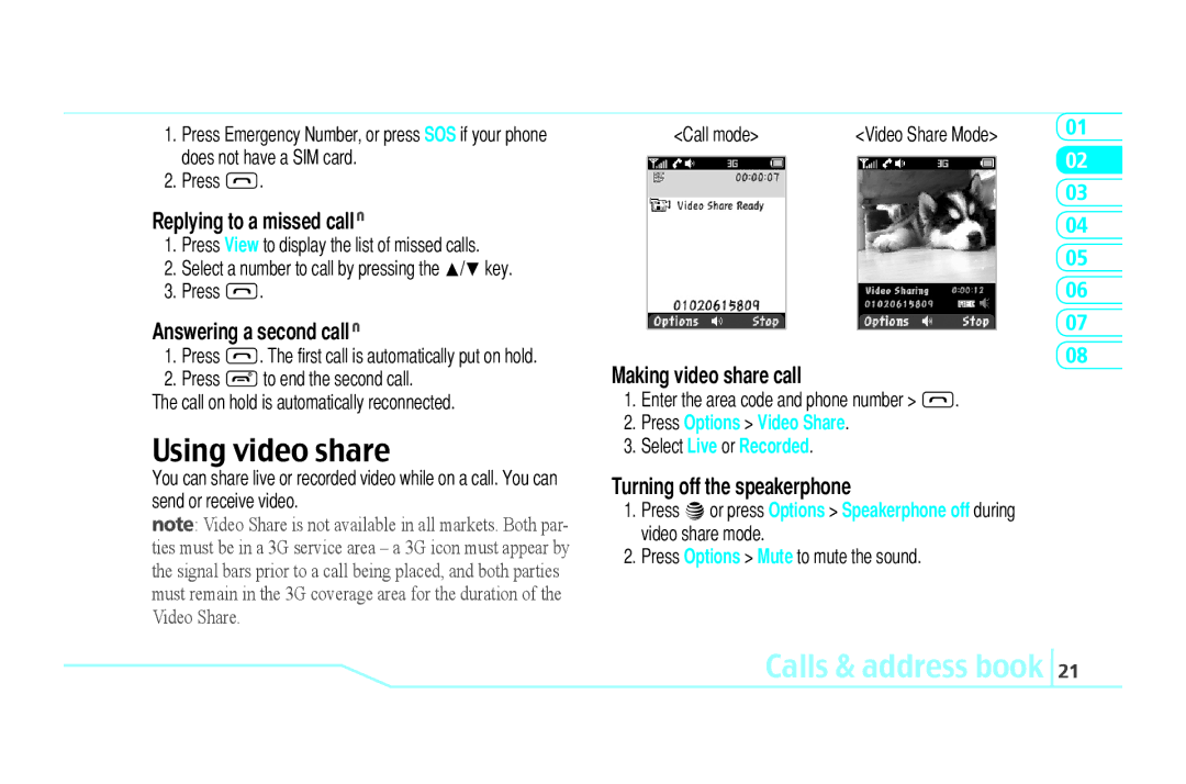Pantech C610 manual Using video share, Replying to a missed call N, Answering a second call N, Making video share call 
