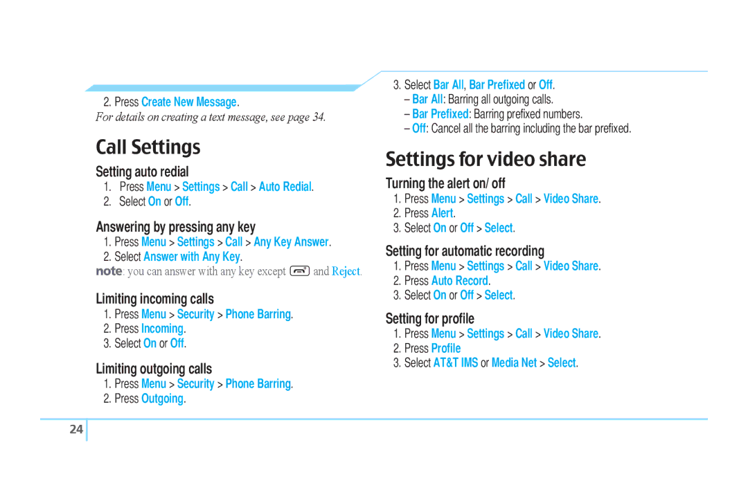 Pantech C610 manual Call Settings, Settings for video share 