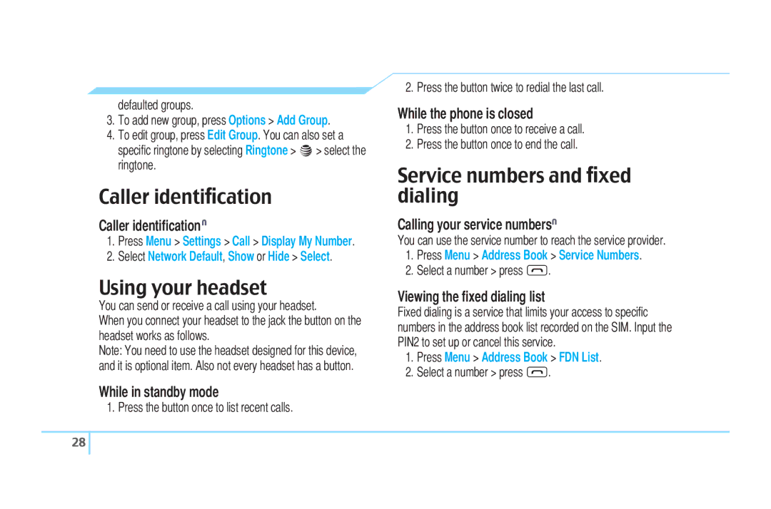 Pantech C610 manual Caller identiﬁcation, Using your headset, Service numbers and ﬁxed dialing 