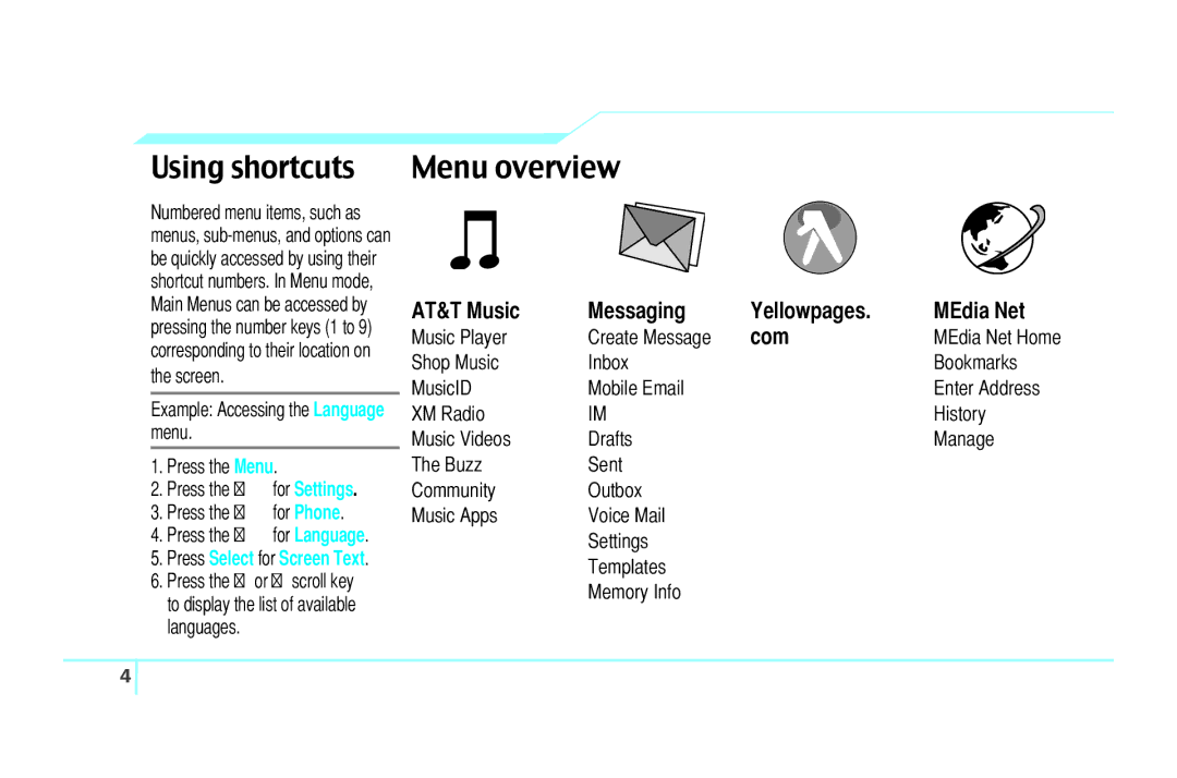 Pantech C610 manual Using shortcuts, Menu overview, AT&T Music Messaging Yellowpages MEdia Net, Com 