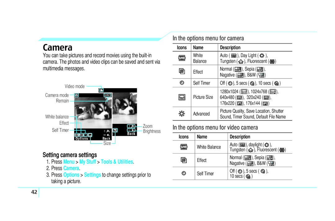 Pantech C610 manual Camera, Setting camera settings, Press Menu My Stuff Tools & Utilities, Icons Name 