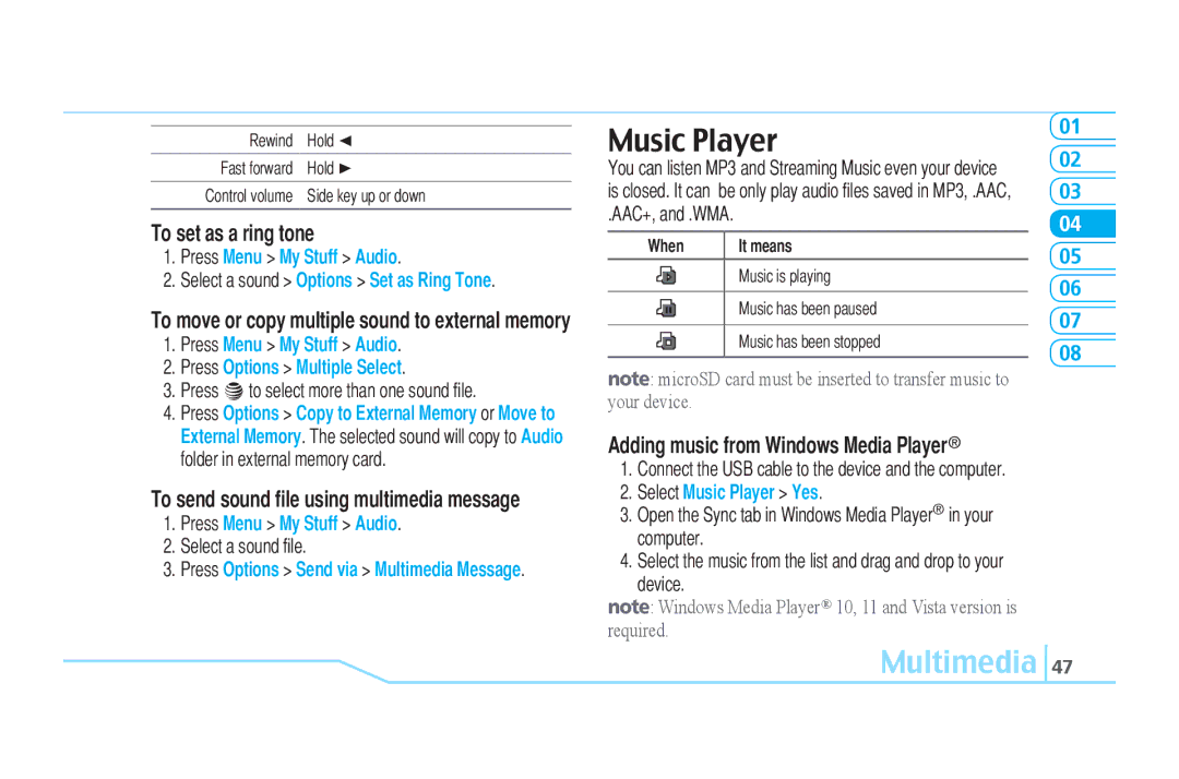 Pantech C610 manual Music Player, To set as a ring tone, Press Menu My Stuff Audio Press Options Multiple Select 