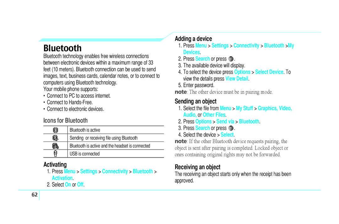 Pantech C610 manual Bluetooth, Activating, Adding a device, Sending an object, Receiving an object 