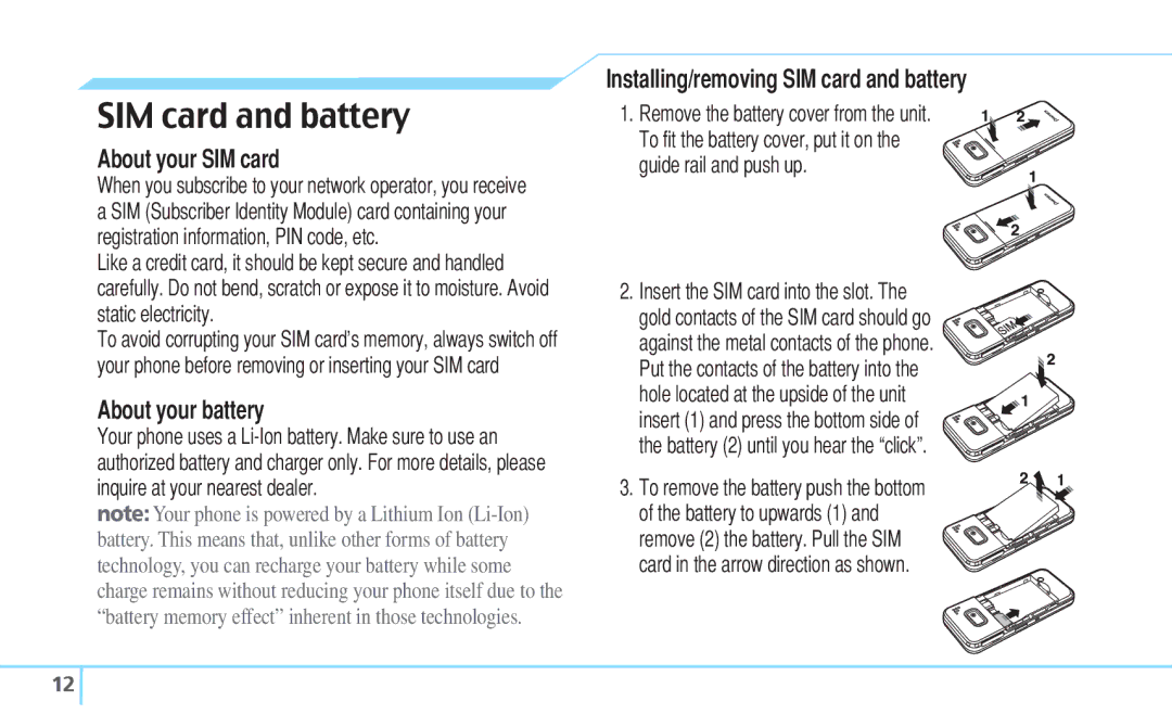 Pantech C630 manual About your SIM card, About your battery, Installing/removing SIM card and battery 