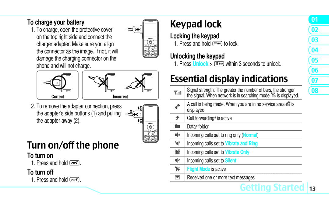 Pantech C630 manual Turn on/off the phone, Keypad lock, Essential display indications 