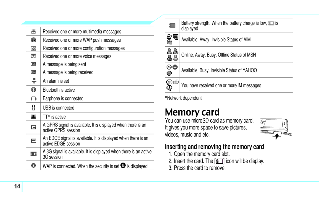 Pantech C630 manual Memory card, Inserting and removing the memory card 