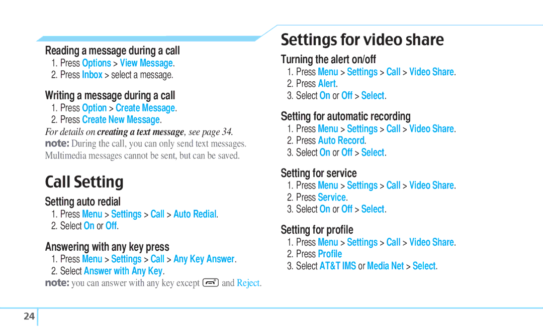 Pantech C630 manual Call Setting, Settings for video share 