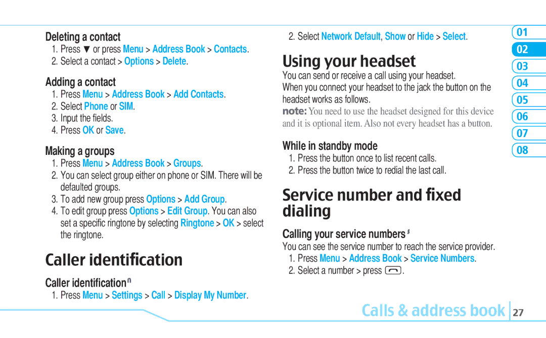 Pantech C630 manual Caller identiﬁcation, Using your headset, Service number and ﬁxed dialing 