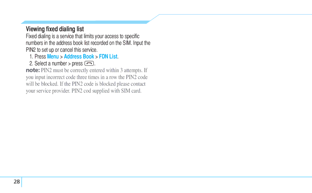 Pantech C630 manual Viewing ﬁxed dialing list, Press Menu Address Book FDN List 