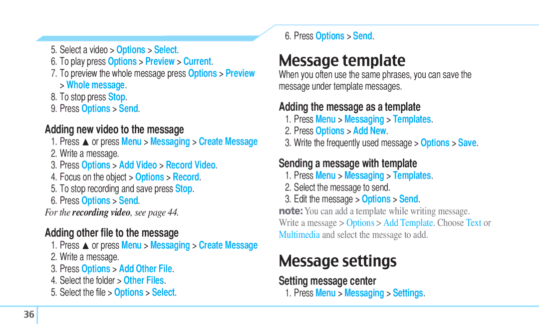 Pantech C630 manual Message template, Message settings 