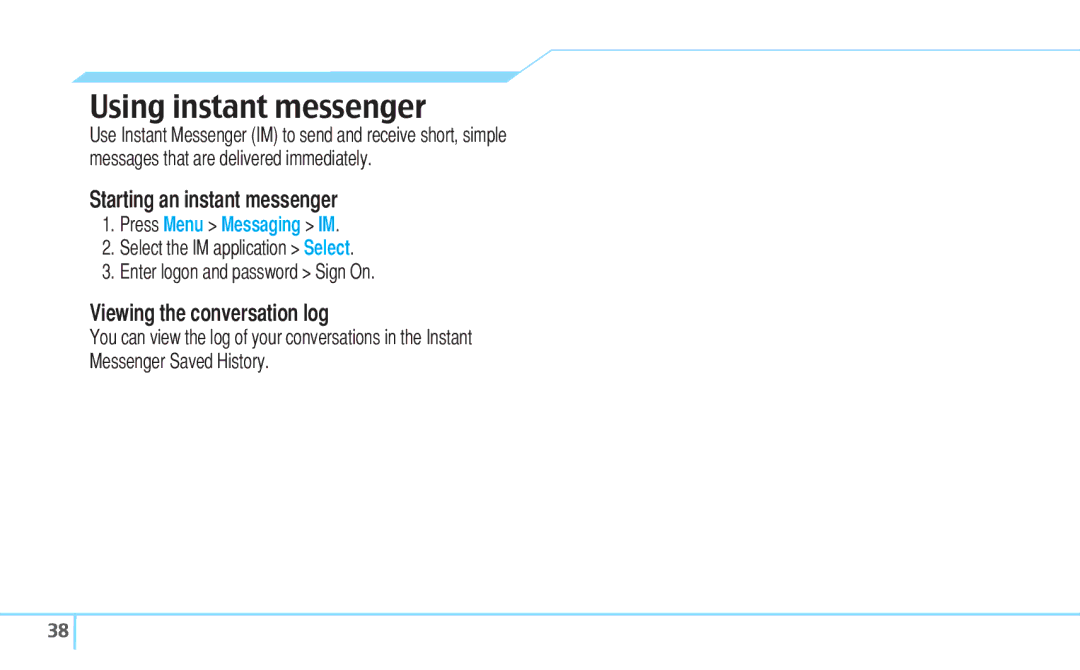 Pantech C630 Using instant messenger, Starting an instant messenger, Viewing the conversation log, Press Menu Messaging IM 