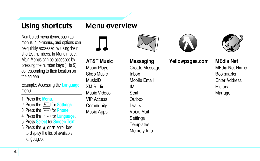 Pantech C630 manual Using shortcuts, Menu overview, AT&T Music Messaging, Music Player Create Message 