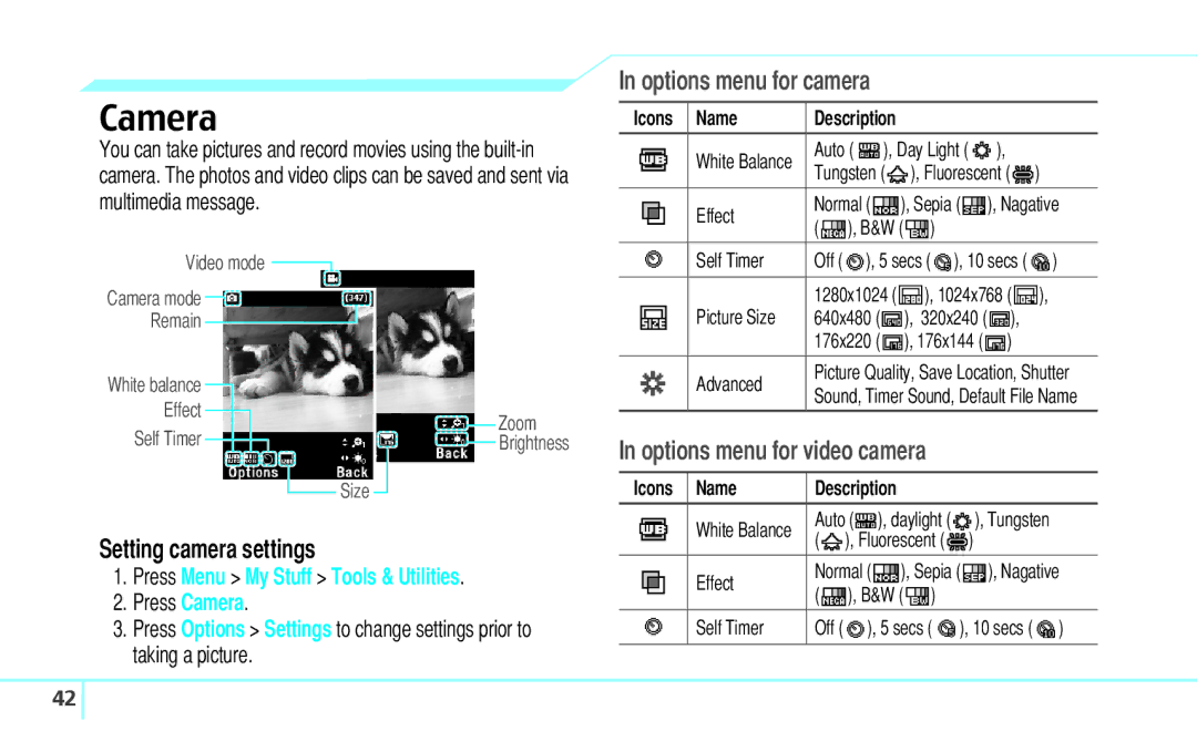 Pantech C630 manual Camera, Setting camera settings, Press Menu My Stuff Tools & Utilities, Icons Name Description 