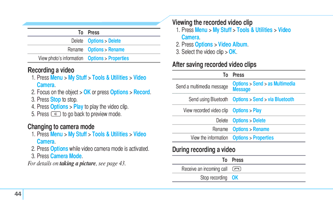 Pantech C630 manual Recording a video, Changing to camera mode, Viewing the recorded video clip 