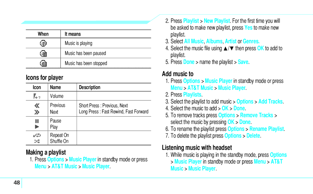 Pantech C630 manual Icons for player, Making a playlist, Add music to, Listening music with headset, Press Playlists 