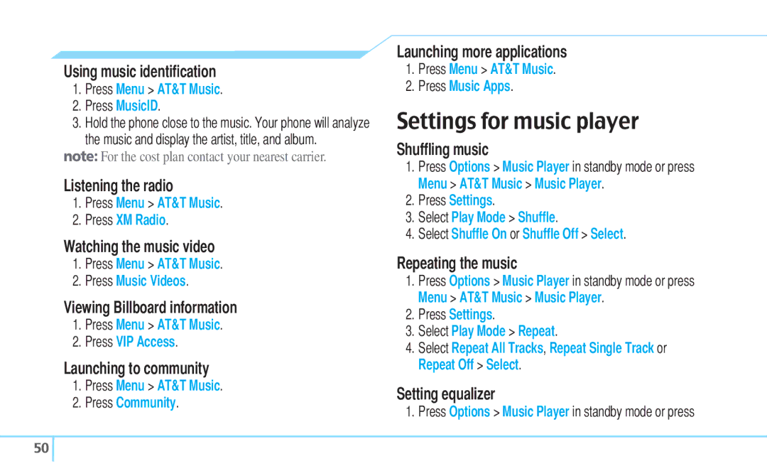 Pantech C630 manual Settings for music player 