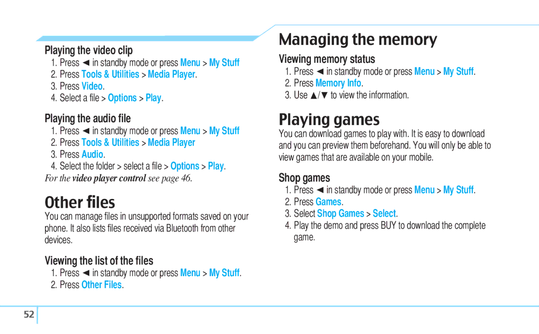 Pantech C630 manual Other ﬁles, Managing the memory, Playing games 