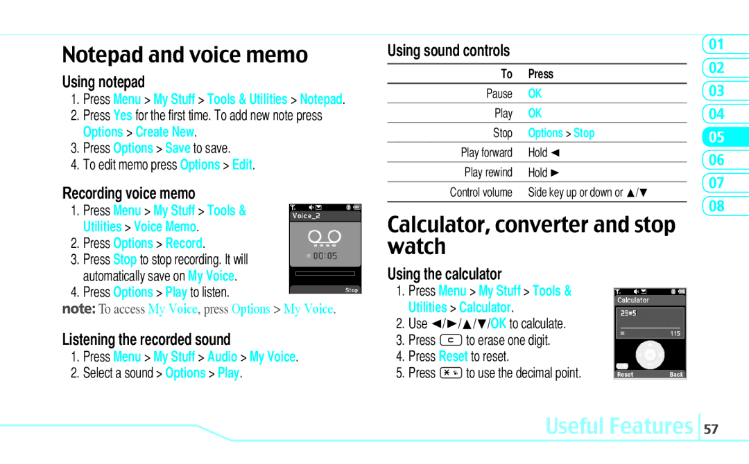 Pantech C630 manual Calculator, converter and stop watch 