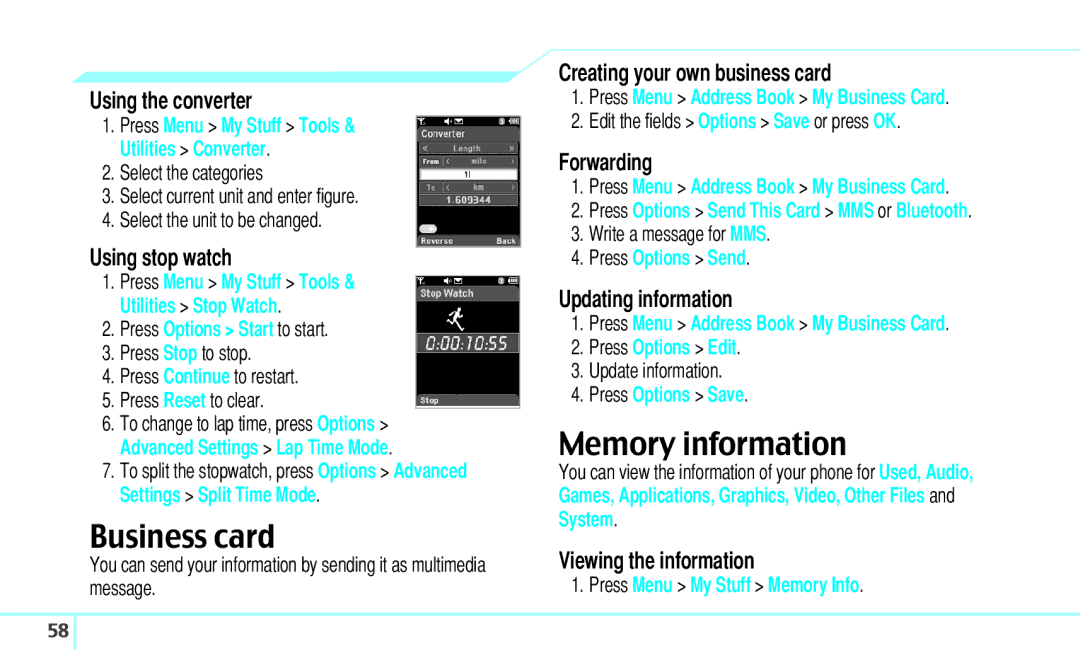 Pantech C630 manual Business card, Memory information 