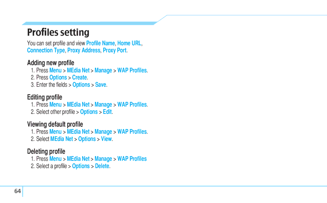 Pantech C630 manual Proﬁles setting, Adding new proﬁle, Editing proﬁle, Viewing default proﬁle, Deleting proﬁle 