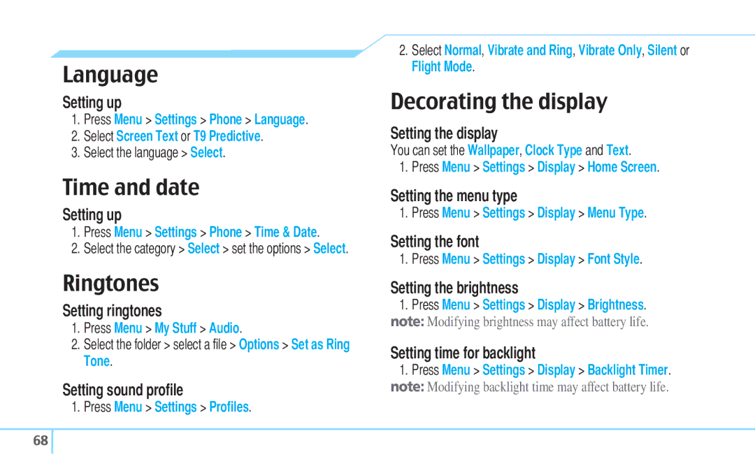 Pantech C630 manual Language, Time and date, Ringtones, Decorating the display 