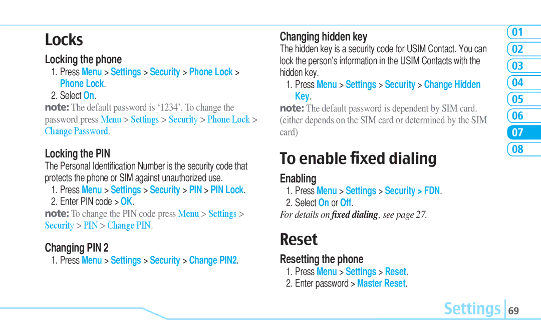 Pantech C630 manual Locks, To enable ﬁxed dialing, Reset 