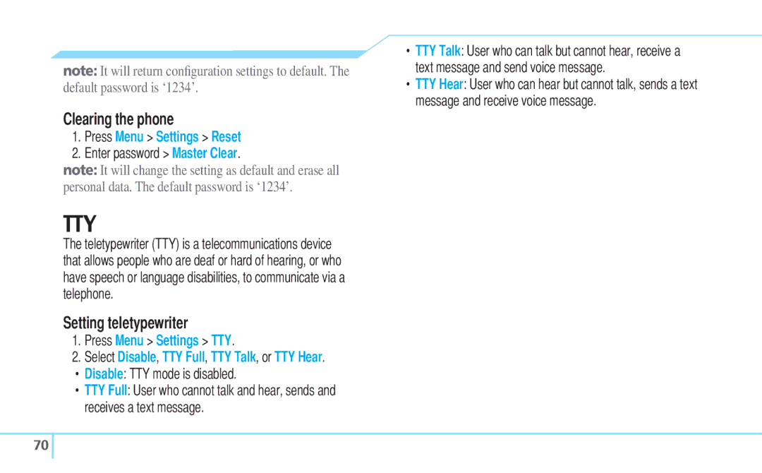 Pantech C630 manual Clearing the phone, Setting teletypewriter, Enter password Master Clear, Press Menu Settings TTY 