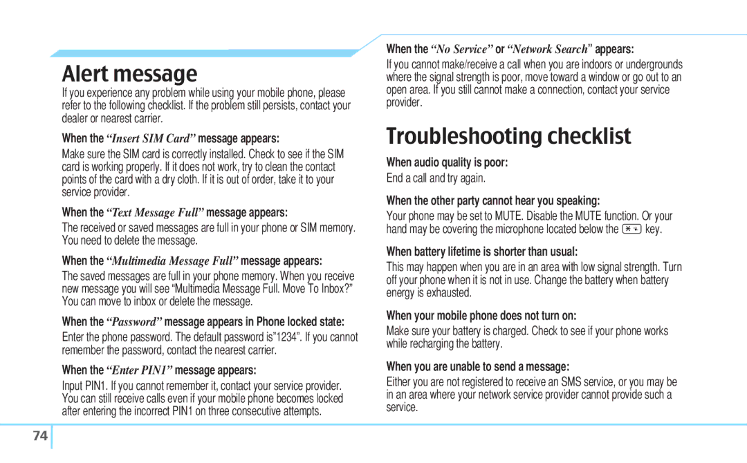 Pantech C630 manual Alert message, Troubleshooting checklist 