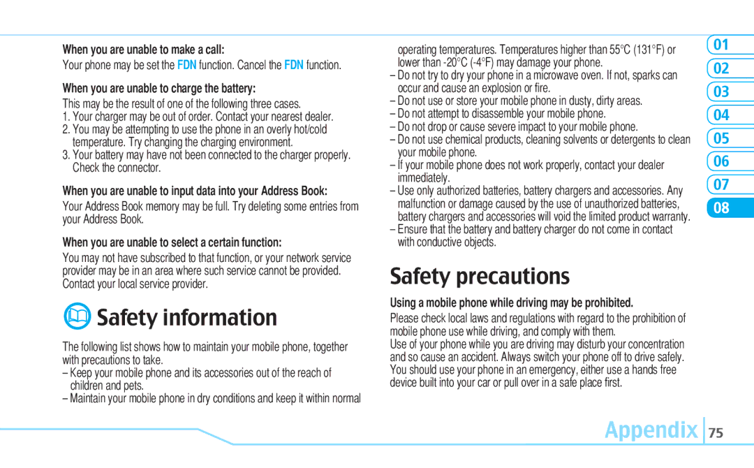 Pantech C630 manual Safety information, Safety precautions 