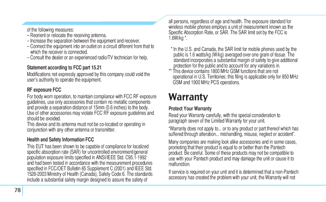 Pantech C630 manual RF exposure FCC, Health and Safety Information FCC, Protect Your Warranty 