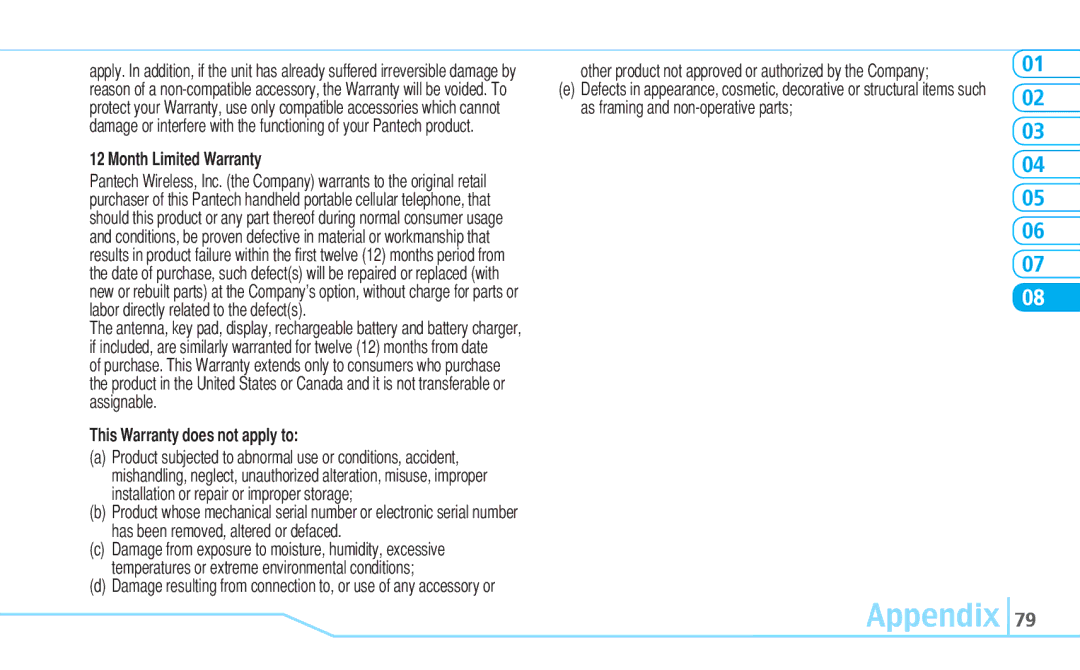 Pantech C630 manual Month Limited Warranty, This Warranty does not apply to 