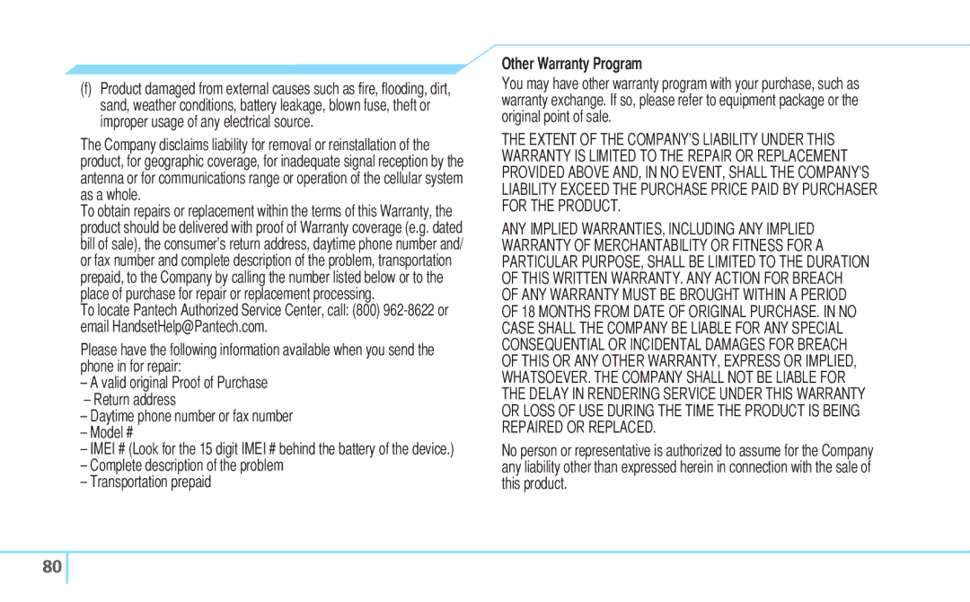 Pantech C630 manual Other Warranty Program 