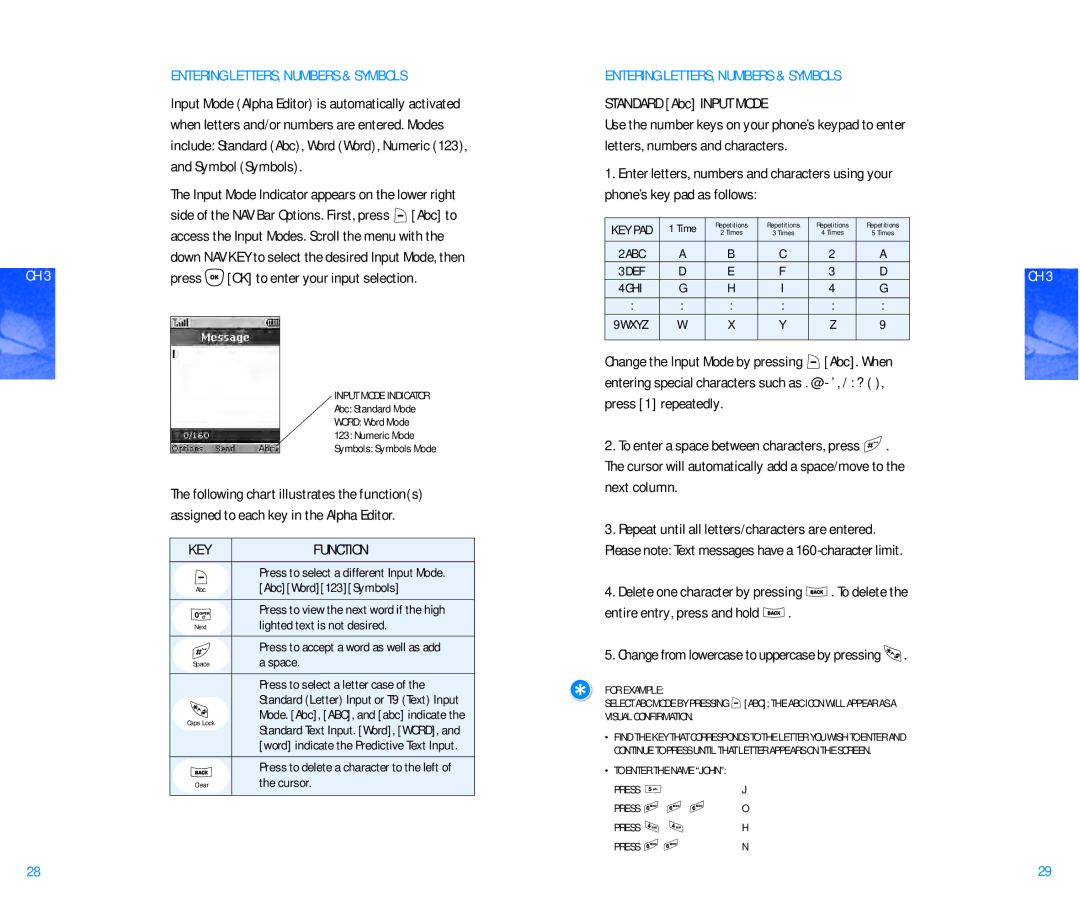 Pantech DM P100 manual Entering LETTERS, Numbers & Symbols, Abc to, Press OK to enter your input selection, KEY Function 