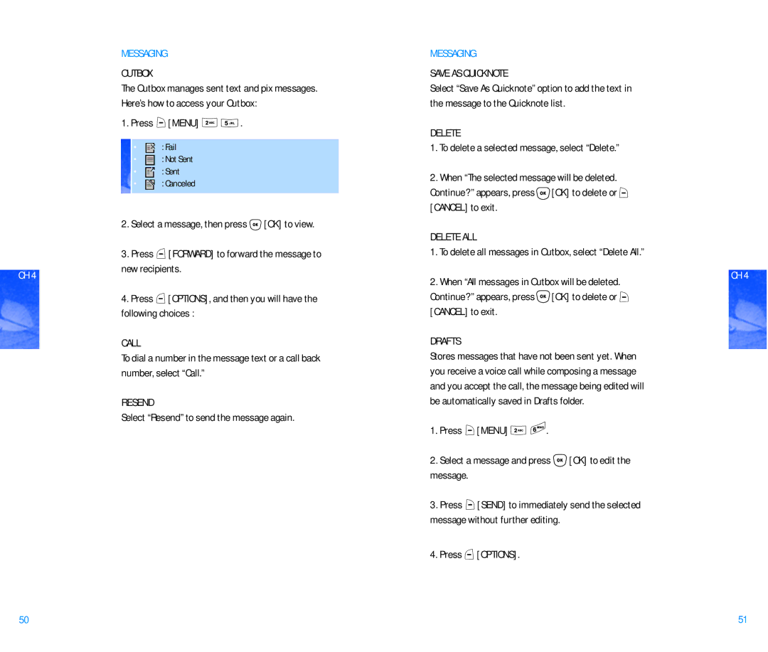 Pantech DM P100 manual Outbox, Menu, Resend, Save AS Quicknote, Drafts 